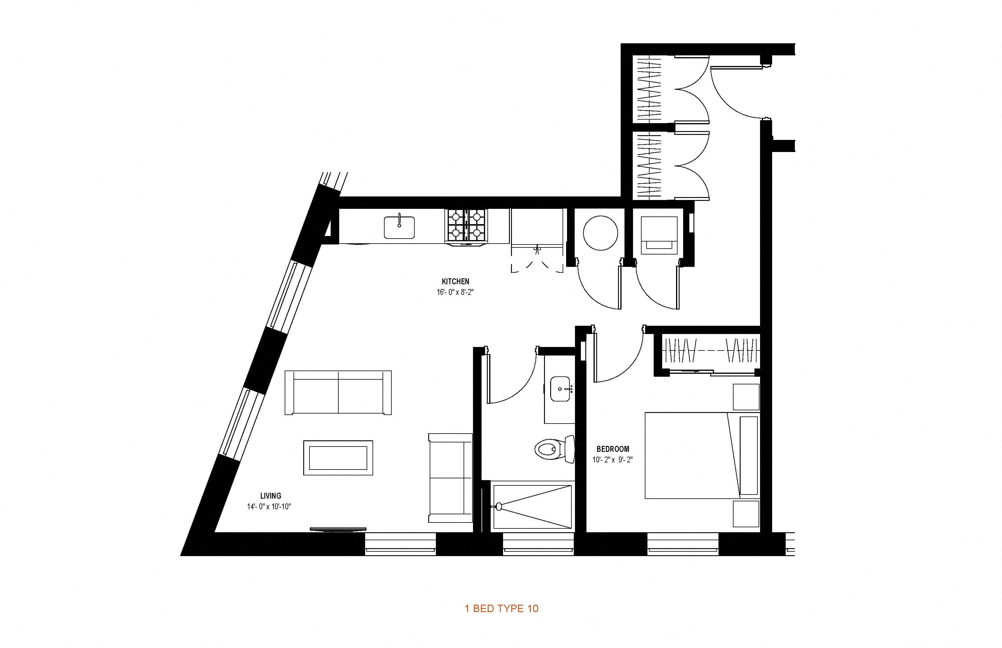 Floor plan for 1 bed, 1 bath, 691 sqft